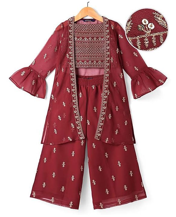 Pine Kids  Woven  Top and Palazzo with Full Sleeves Sequin Detailing Shrug - Maroon