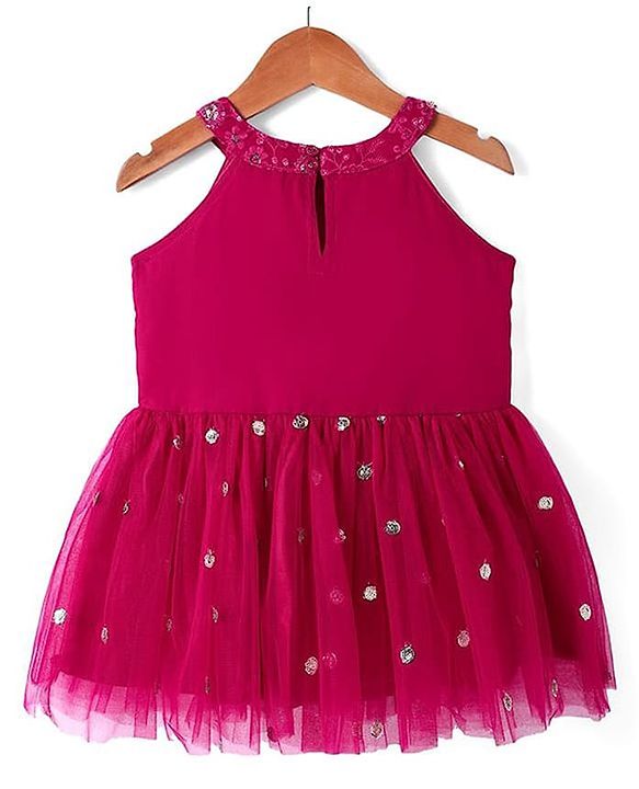 Pine Kids Woven Sleeveless Floral Embroidered Kurti Salwar Set with Dupatta & Sequin Detailing - Dark Pink