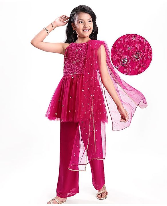 Pine Kids Woven Sleeveless Floral Embroidered Kurti Salwar Set with Dupatta & Sequin Detailing - Dark Pink
