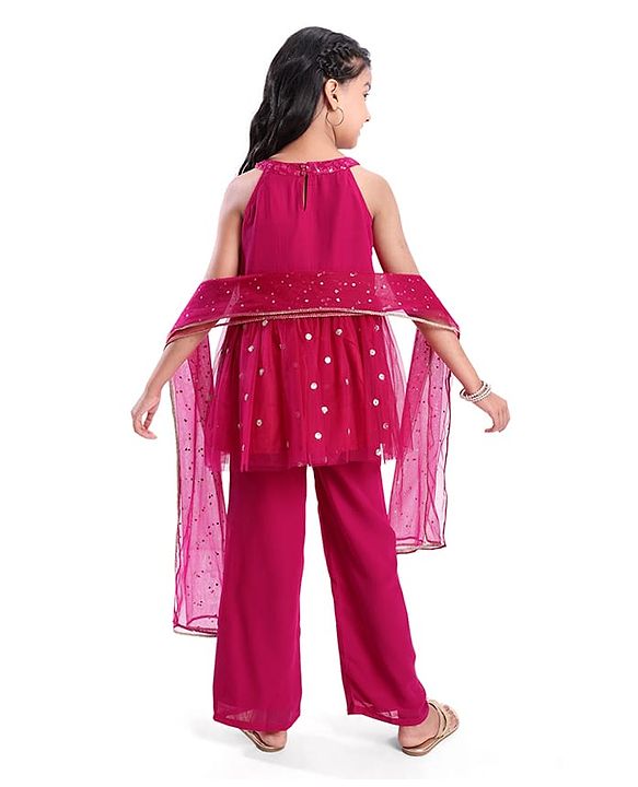Pine Kids Woven Sleeveless Floral Embroidered Kurti Salwar Set with Dupatta & Sequin Detailing - Dark Pink