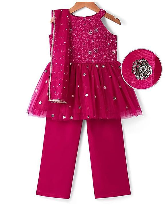 Pine Kids Woven Sleeveless Floral Embroidered Kurti Salwar Set with Dupatta & Sequin Detailing - Dark Pink