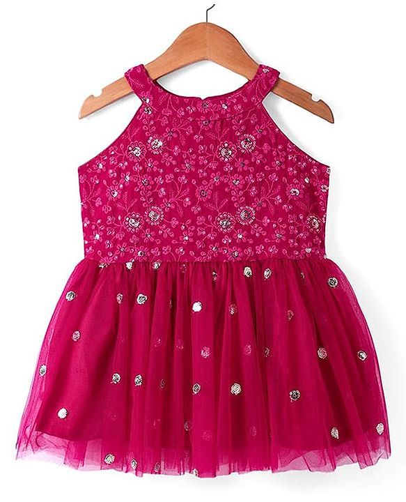 Pine Kids Woven Sleeveless Floral Embroidered Kurti Salwar Set with Dupatta & Sequin Detailing - Dark Pink