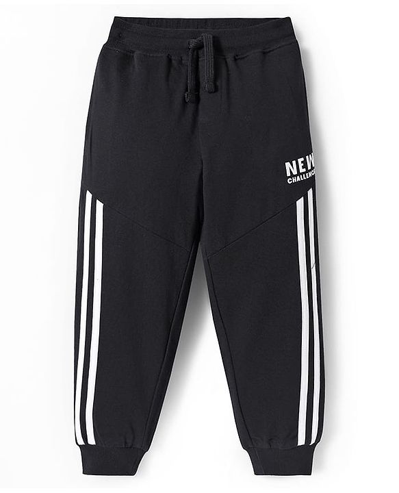 Pine Kids Cotton Knit Full Length Track Pants with Tape Detailing - Black