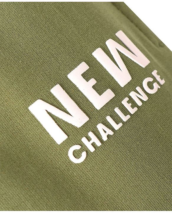 Pine Kids Cotton Knit Full Length Text Printed Lounge Pant with Cut & Sew Design - Olive Green