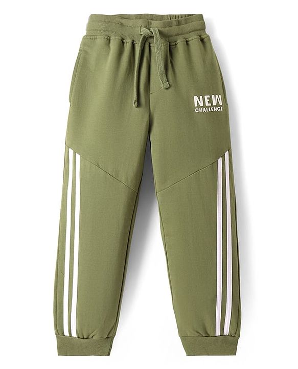 Pine Kids Cotton Knit Full Length Text Printed Lounge Pant with Cut & Sew Design - Olive Green