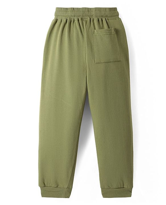 Pine Kids Cotton Knit Full Length Text Printed Lounge Pant with Cut & Sew Design - Olive Green