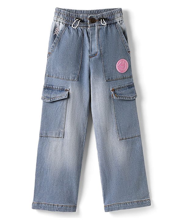 Pine Kids Denim Woven Full Length Washed Jeans With Text Patch & Cargo Pockets - Blue