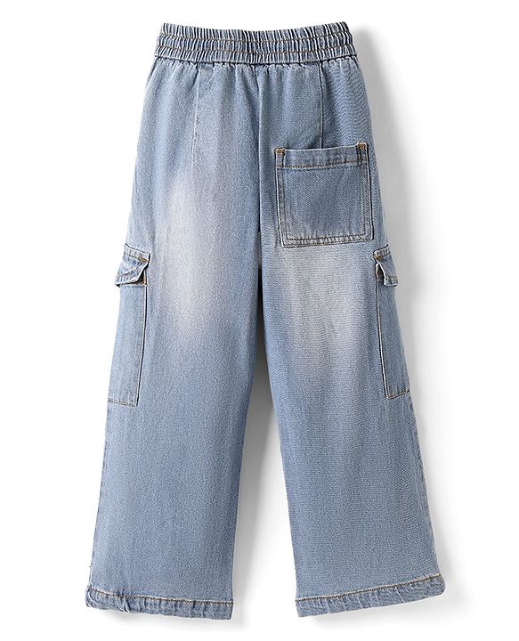 Pine Kids Denim Woven Full Length Washed Jeans With Text Patch & Cargo Pockets - Blue
