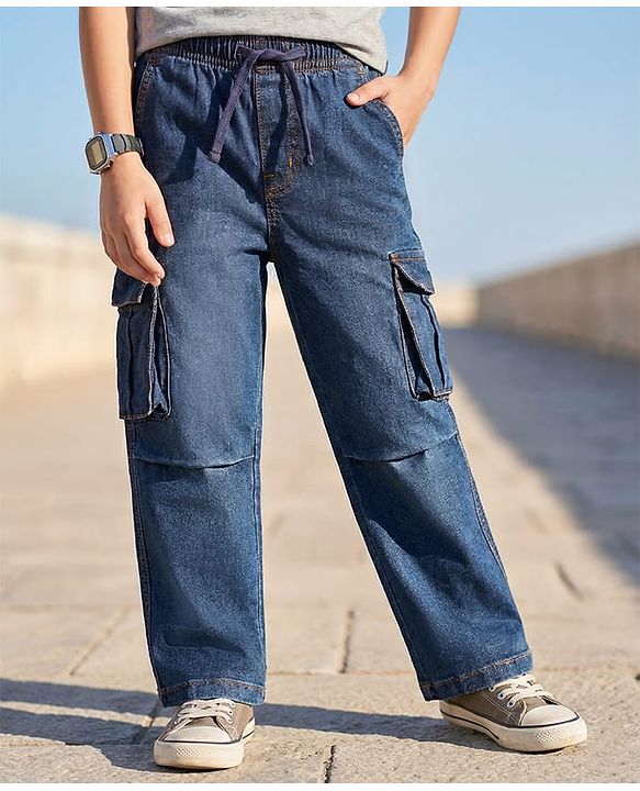 Pine Kids Denim Woven Full Length Washed Jeans with Pockets  - Navy Blue