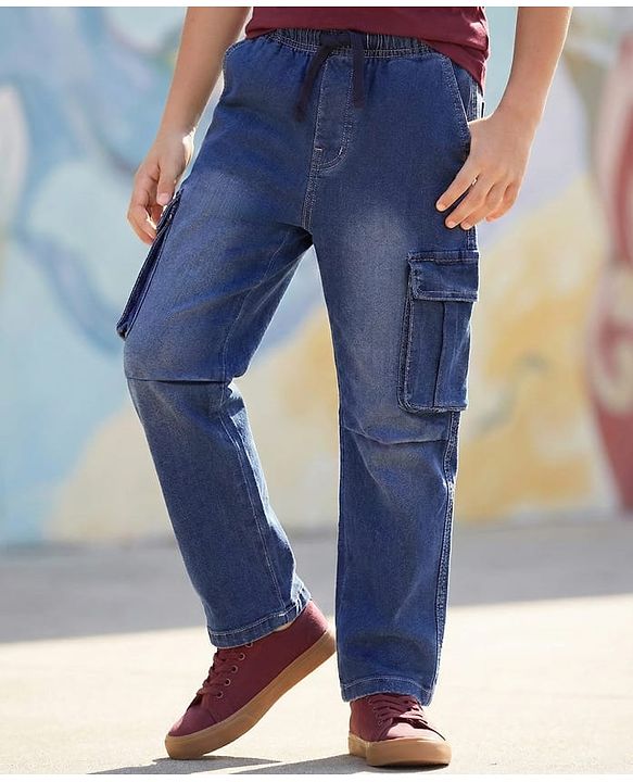 Pine Kids Woven Full Length Washed Denim Jeans With Cargo Pockets - Blue