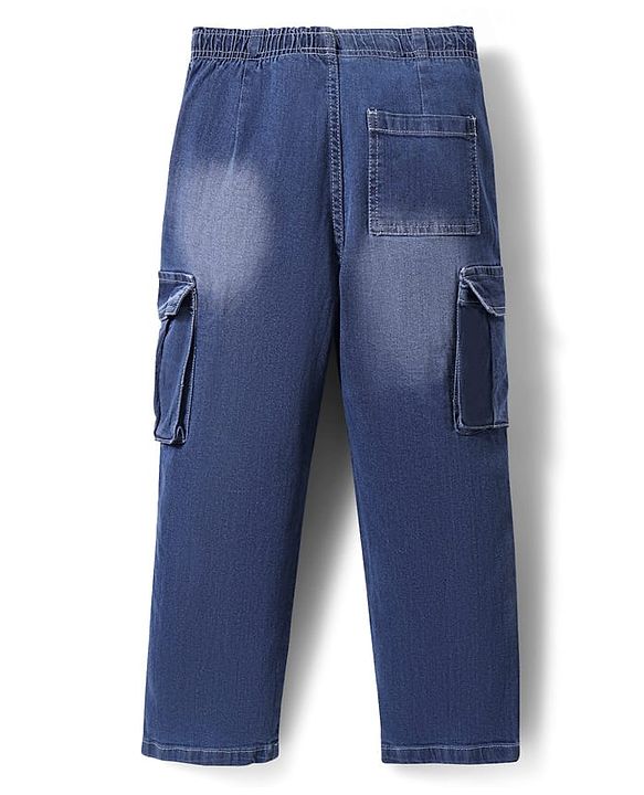 Pine Kids Woven Full Length Washed Denim Jeans With Cargo Pockets - Blue