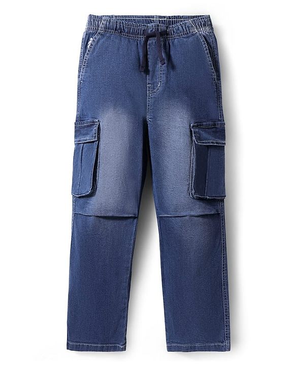 Pine Kids Woven Full Length Washed Denim Jeans With Cargo Pockets - Blue