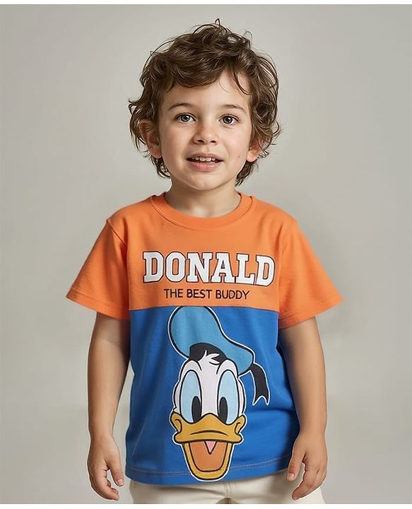 Babyhug Disney Single Jersey Knit Half Sleeves Cut & Sew T-Shirt with Donald Duck Graphic - Blue & Orange