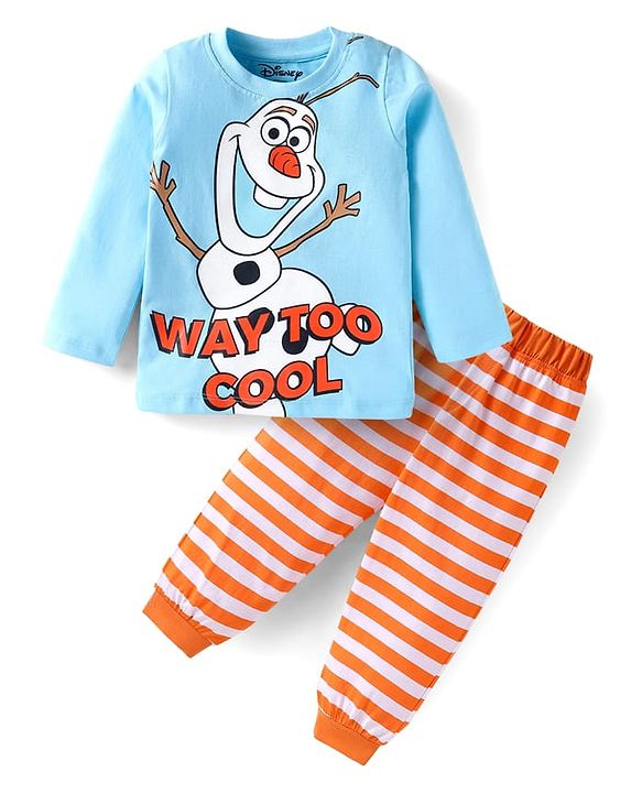 Babyhug Disney Single Jersey Knit Full Sleeves Night Suit Set With Olaf Graphic - Light Blue & Orange