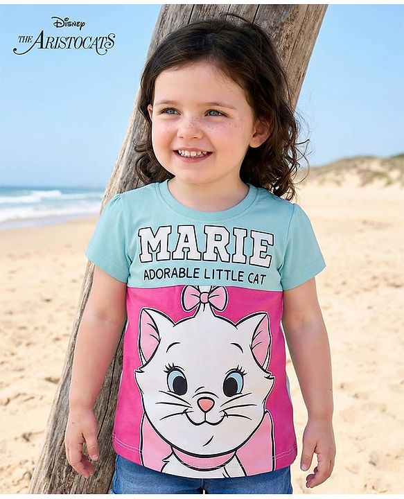 Babyhug Disney Single Jersey Knit Half Sleeve Cut & Sew T-Shirt With Marie Graphic - Aqua Blue