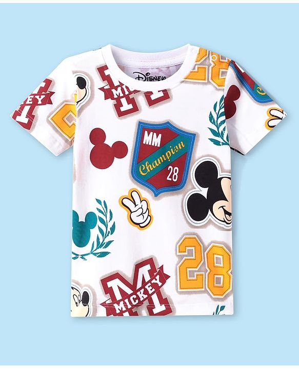 Babyhug Disney Single Jersey Knit Half Sleeves T-Shirt with Mickey Mouse Print - White