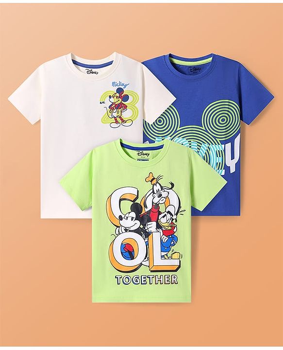 Pine Kids Disney Single Jersey Knit Half Sleeves T-Shirt with Mickey Mouse & Friends Graphics Pack of 3 - Light Green Blue & White