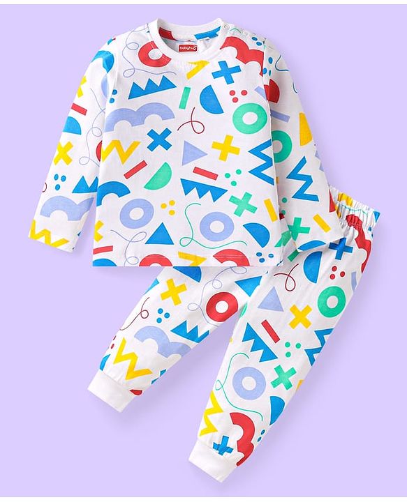 Babyhug Cotton Knit Full Sleeves Night Suit with Maths Print - White