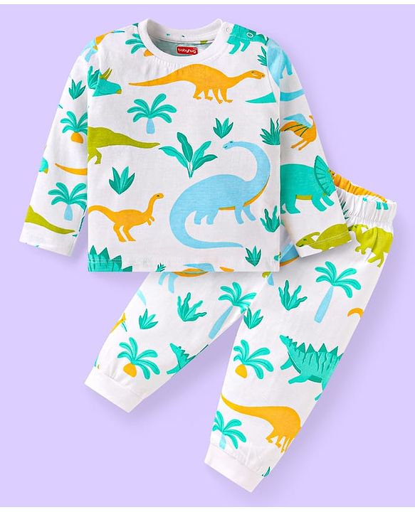 Babyhug Cotton Knit Full Sleeves Night Suit with Dino Print - White