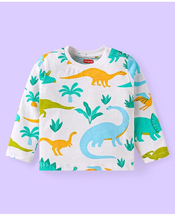 Babyhug Cotton Knit Full Sleeves Night Suit with Dino Print - White
