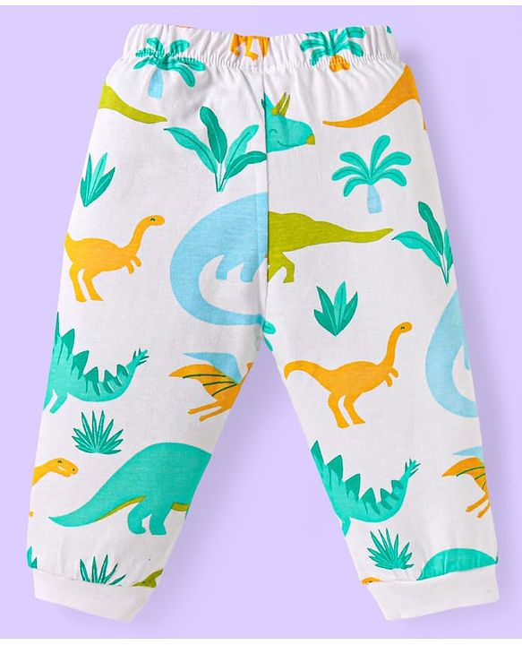 Babyhug Cotton Knit Full Sleeves Night Suit with Dino Print - White