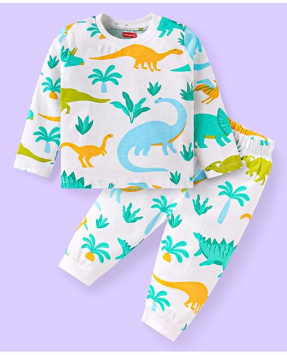 Babyhug Cotton Knit Full Sleeves Night Suit with Dino Print - White