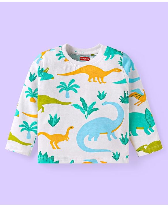 Babyhug Cotton Knit Full Sleeves Night Suit with Dino Print - White