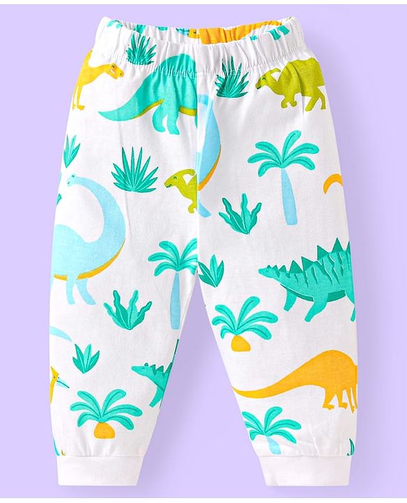 Babyhug Cotton Knit Full Sleeves Night Suit with Dino Print - White