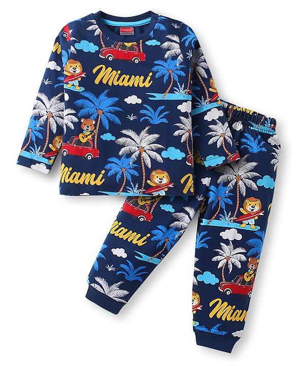 Babyhug Cotton Knit Full Sleeves Co-ords Night Suit with Beach Theme Print - Navy Blue