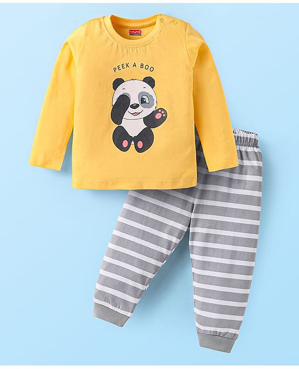 Babyhug Cotton Knit Full Sleeves Night Suit With Panda Print - Yellow