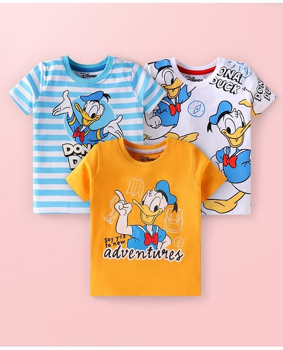 Babyhug Disney Single Jersey Knit Half Sleeves T-Shirts with Donald Duck Graphics Pack of 3 - Yellow Light Blue & White