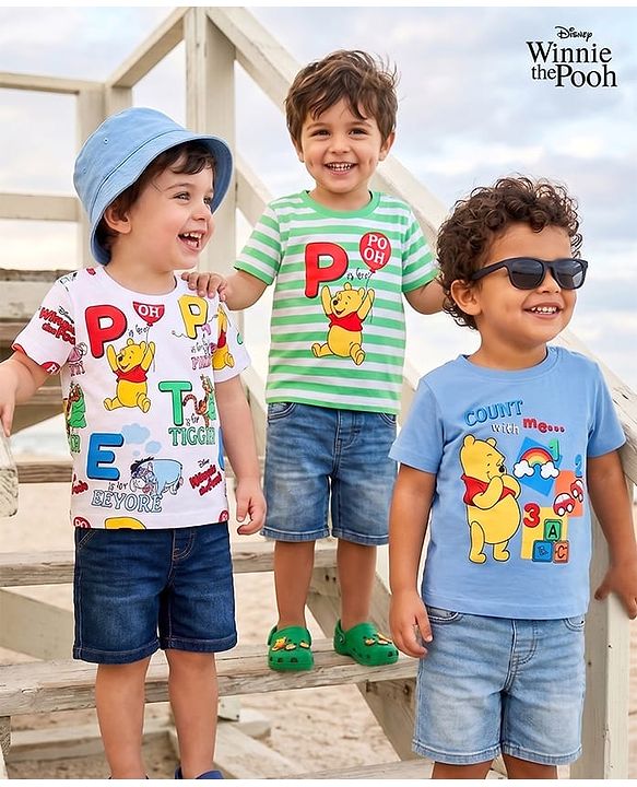 Babyhug Disney Single Jersey Knit Half Sleeves T-Shirts with Stripes & Winnie the Pooh Graphics Pack of 3 - White Light Green & Blue
