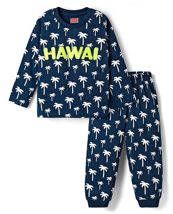 Babyhug Cotton Knit Full Sleeves Co-Ord Night Suit with Hawai Print - Navy Blue
