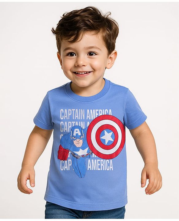 Babyhug Marvel Single Jersey Knit Half Sleeves T-Shirt with Captain America Graphic - Light Blue