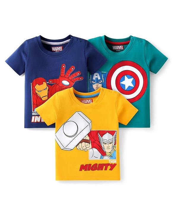 Babyhug Marvel Single Jersey Knit Half Sleeves T-Shirts with Avengers Graphics Pack of 3 - Blue Green & Yellow