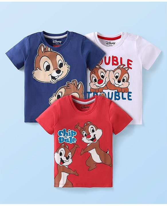 Babyhug Disney Single Jersey Knit Half Sleeves T-Shirts with Chip N Dale Graphics Pack of 3 - Blue Red & White