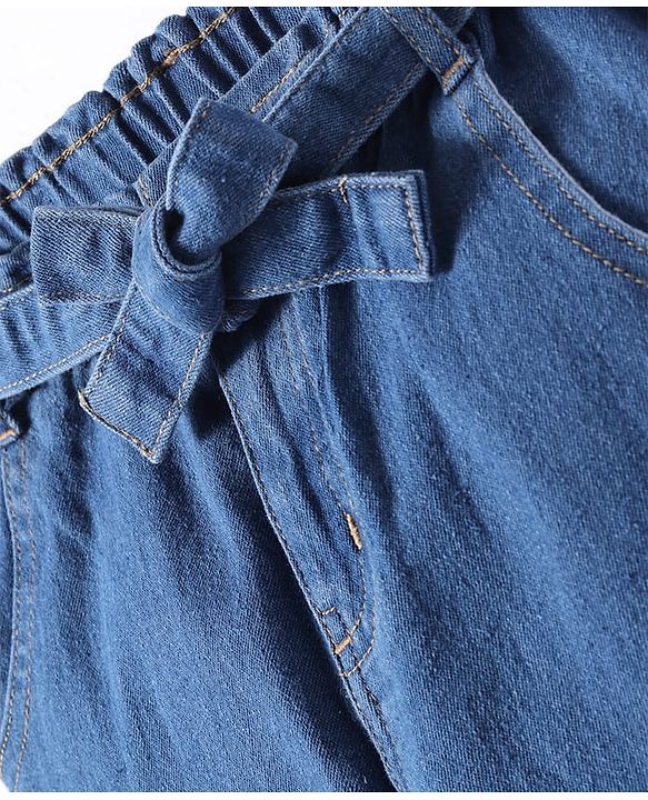 Pine Kids Full Length Washed Denim Jeans with Hearts Rhinestone Print - Blue