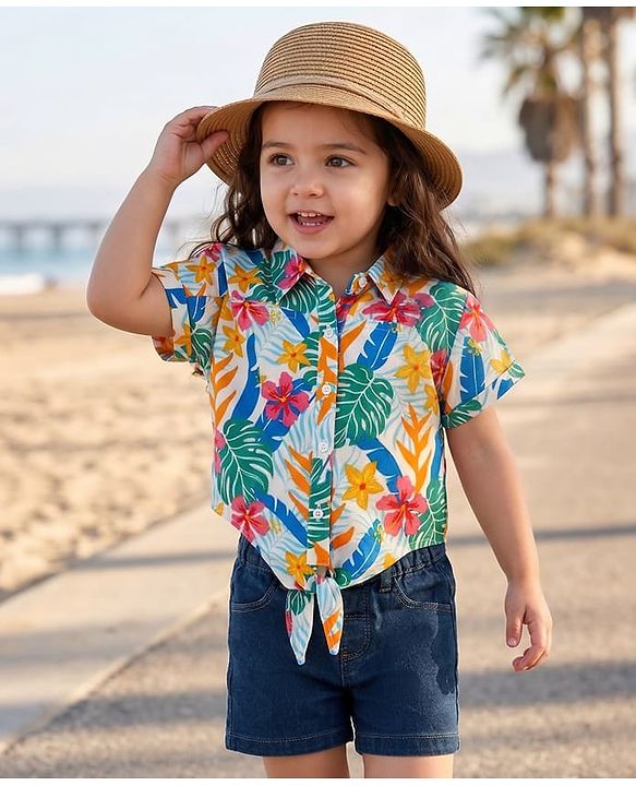 Babyhug Rayon Woven Half Sleeves Shirt Style Top & Shorts Set With Leaf & Floral Print - White & Blue