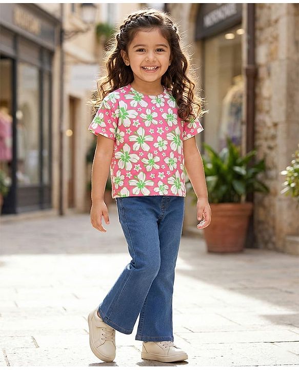 Babyhug Single Jersey Knit Half Sleeves Floral Printed Top & Solid Denim Jeggings Set - Pink & Blue