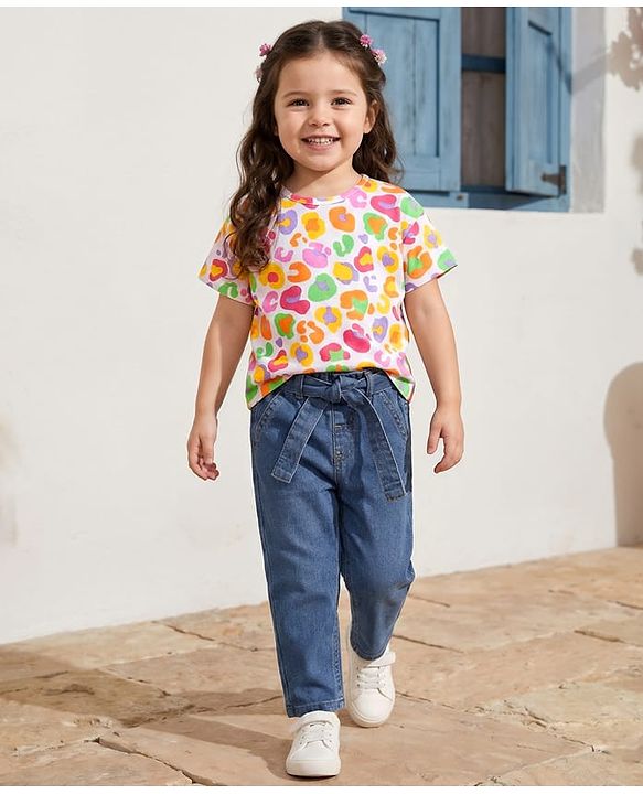 Babyhug Single Jersey Knit Half Sleeves Printed Top & Solid Denim Jeans Set - White & Blue