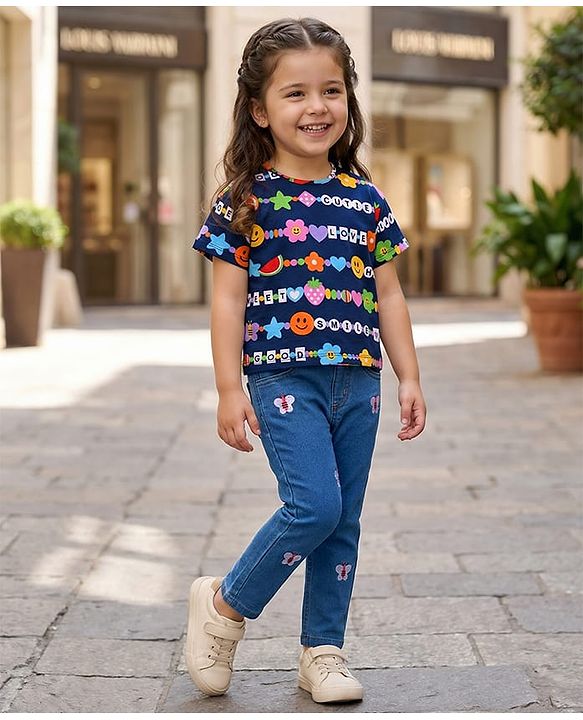 Babyhug Single Jersey Knit Half Sleeves T-Shirt & Jeans Set With Bracelet Print & Butterfly Embroidery - Navy Blue
