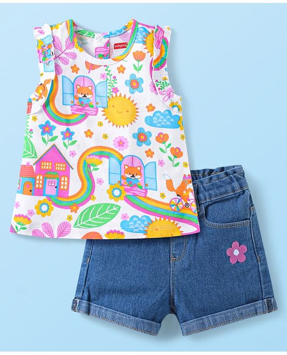 Babyhug Single Jersey Knit Sleeveless Top & Denim Shorts Set With Floral Print & Embroidery - White & Blue