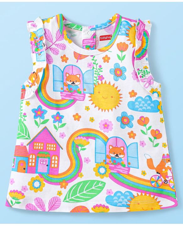 Babyhug Single Jersey Knit Sleeveless Top & Denim Shorts Set With Floral Print & Embroidery - White & Blue