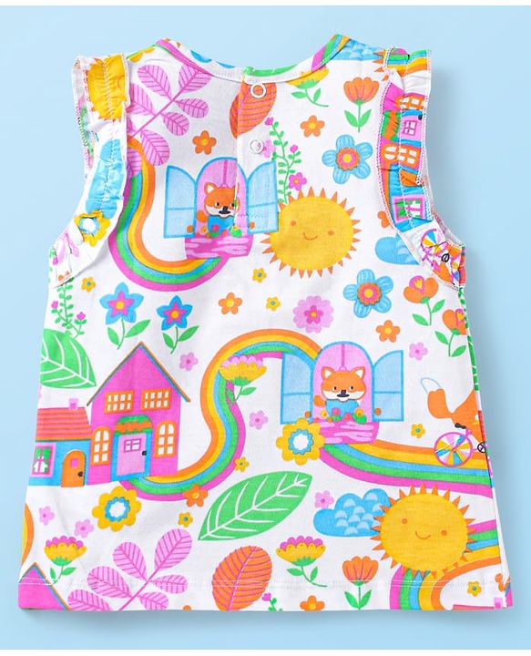 Babyhug Single Jersey Knit Sleeveless Top & Denim Shorts Set With Floral Print & Embroidery - White & Blue