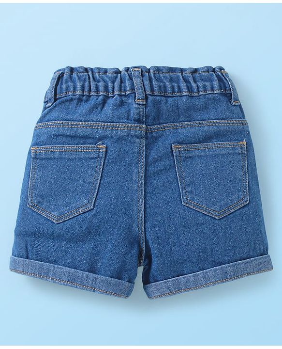 Babyhug Single Jersey Knit Sleeveless Top & Denim Shorts Set With Floral Print & Embroidery - White & Blue