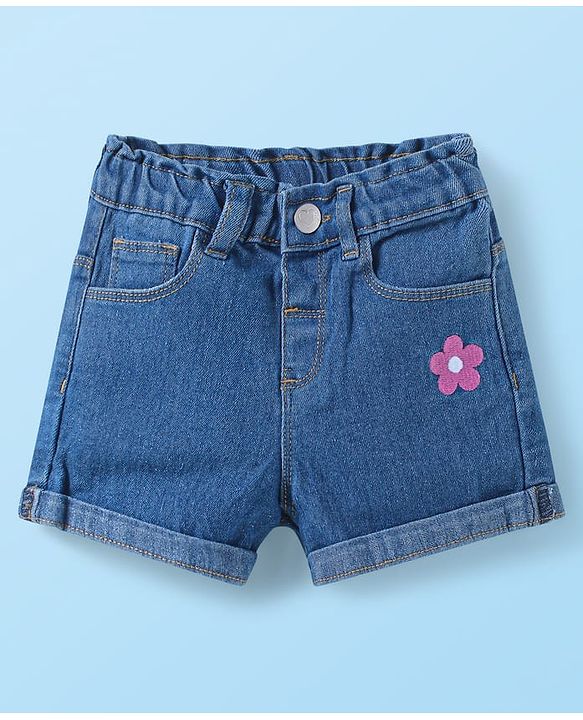 Babyhug Single Jersey Knit Sleeveless Top & Denim Shorts Set With Floral Print & Embroidery - White & Blue