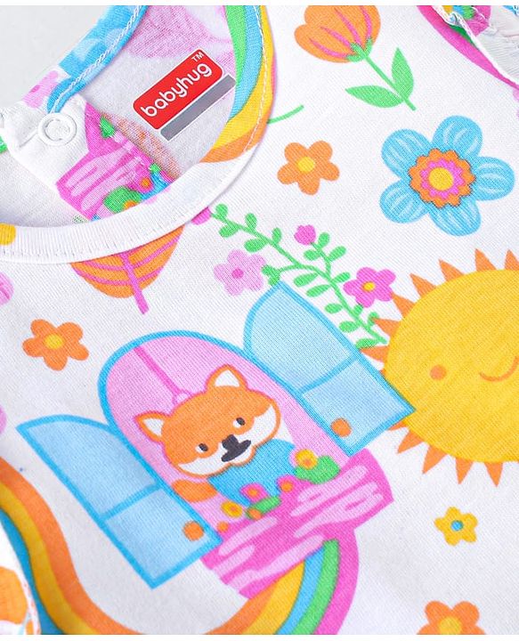 Babyhug Single Jersey Knit Sleeveless Top & Denim Shorts Set With Floral Print & Embroidery - White & Blue