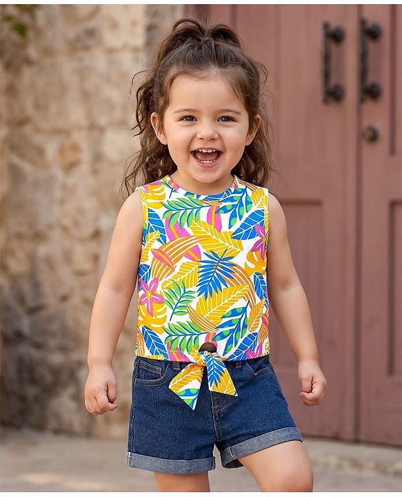 Babyhug Single Jersey Knit Sleeveless Top & Denim Shorts Set With Leaf Print - White & Blue