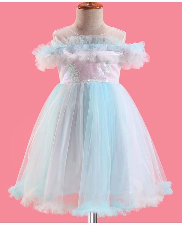 Babyhug Woven Sleeveless Party Dress With Sequinned & Ruffled Yoke - Light Blue