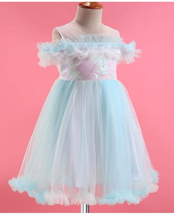 Babyhug Woven Sleeveless Party Dress With Sequinned & Ruffled Yoke - Light Blue